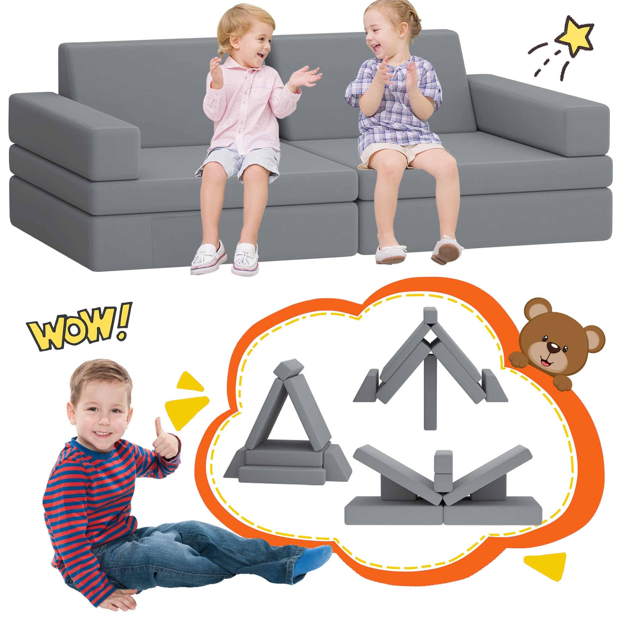 SENSWEET Kids Couch 8PCS, Modular Couch Kids for Playroom Bedroom, Multifunctional Kids Couch Toddler Sofa for Indoor Outdoor,Style1,Medium