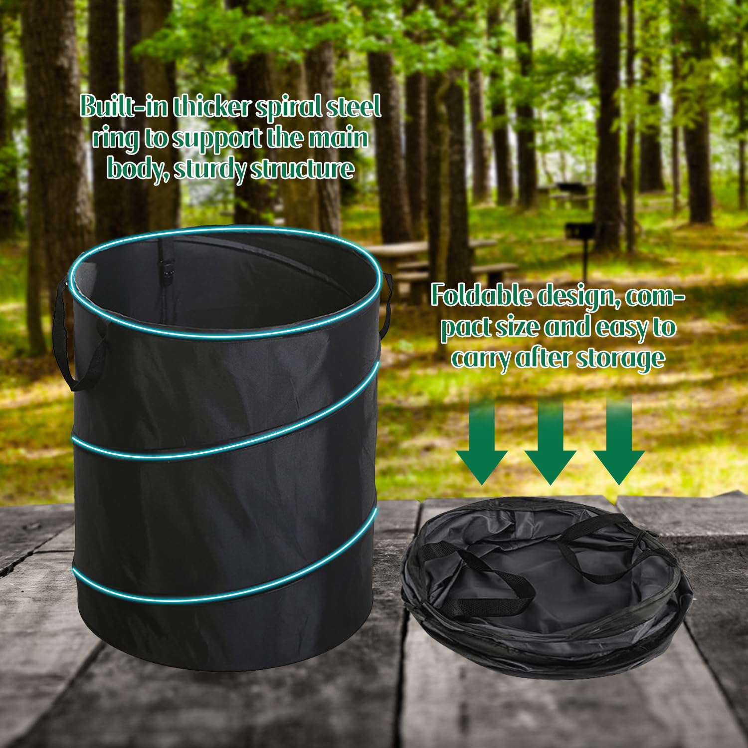 Camping Trash Can 34cm Diameter 10 Gallons Large Clip Model Dark Green Oxford Cloth Collapsible Waste Bag Portable Camping Trash Can for Balcony Gar Camping(Black)