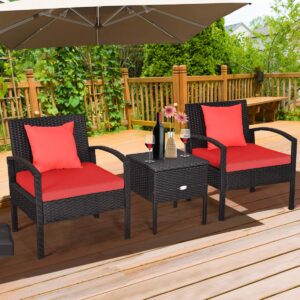 COSTWAY Rattan Patio Furniture Set 3 Pieces, Wicker Conversation Set with Tempered Glass Coffee Table, Seat Cushions, Outdoor Chair Wicker Sofa for Backyard Balcony Porch Poolside, Red