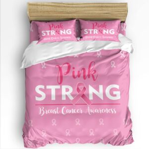 yukro duvet cover set queen size, breast cancer awareness pink ribbons pattern soft 4 pieces bedding set with comforter cover, a pair of pillowcases and fitted sheet for bedroom decor