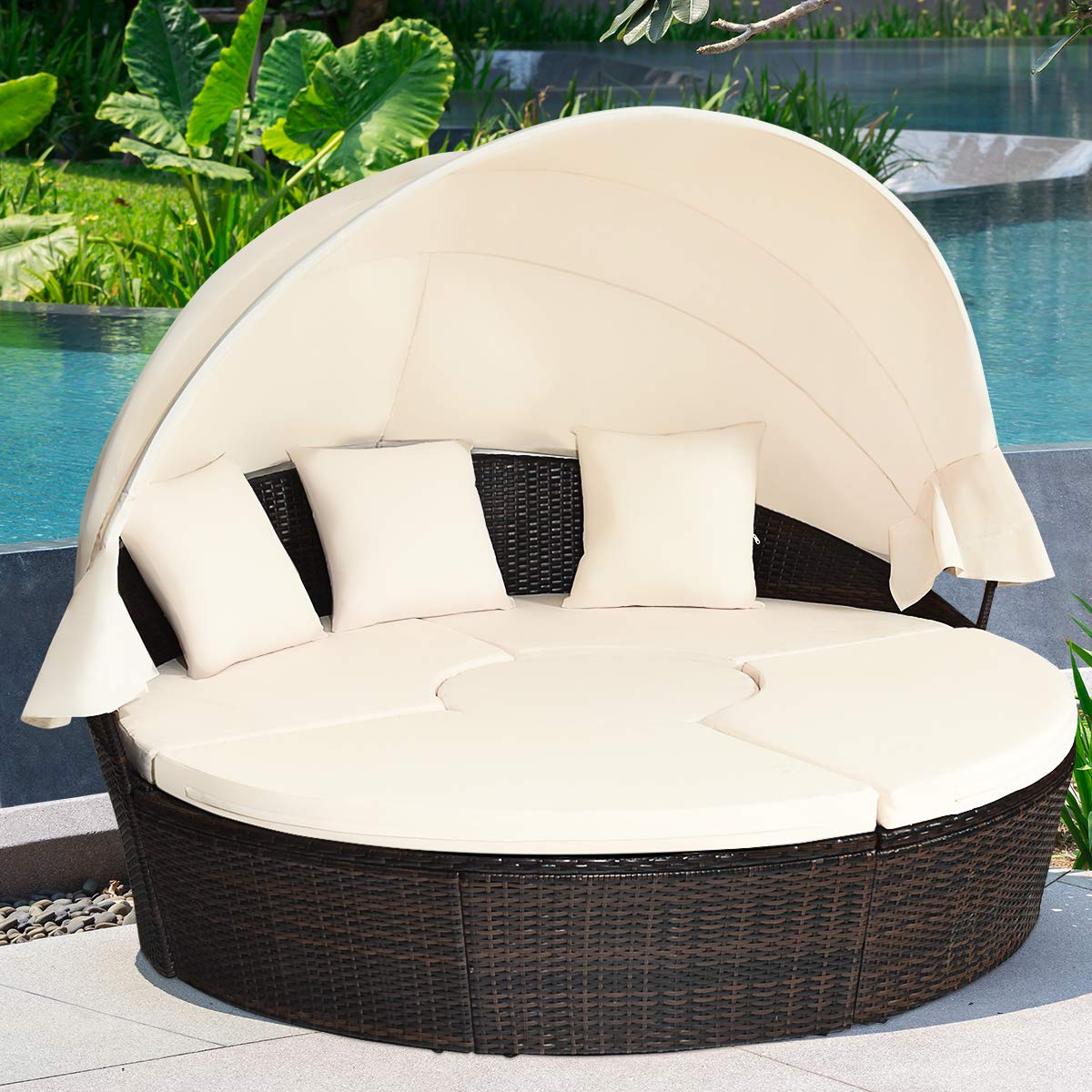 COSTWAY Patio Round Daybed with Retractable Canopy, Wicker Furniture Sectional Couch with Separate Cushioned Seats, Adjustable Table Top, Patio Rattan Daybed Sofa for Patio, Backyard, Poolside, White