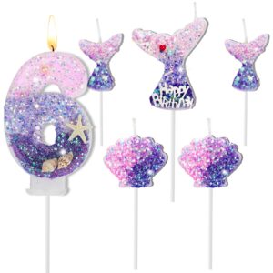 6 pcs birthday candles, 2.8 inch mermaid theme birthday cake the number 0-9 candles, 1 pcs number 3 pcs mermaid tail and 2 pcs shell candles for birthday decorations mermaid themed party (number 6)