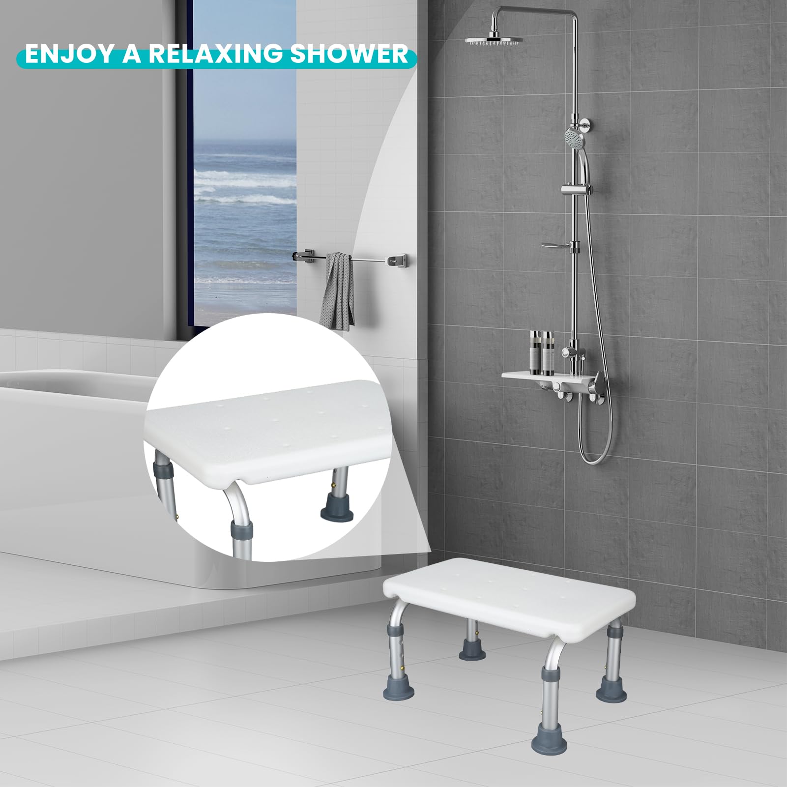 Bath Stool Shower Seat Non-Slip Shower Chair Adjustable Height Bathtub Bench for Elderly Disabled, Secure Bathing Solution