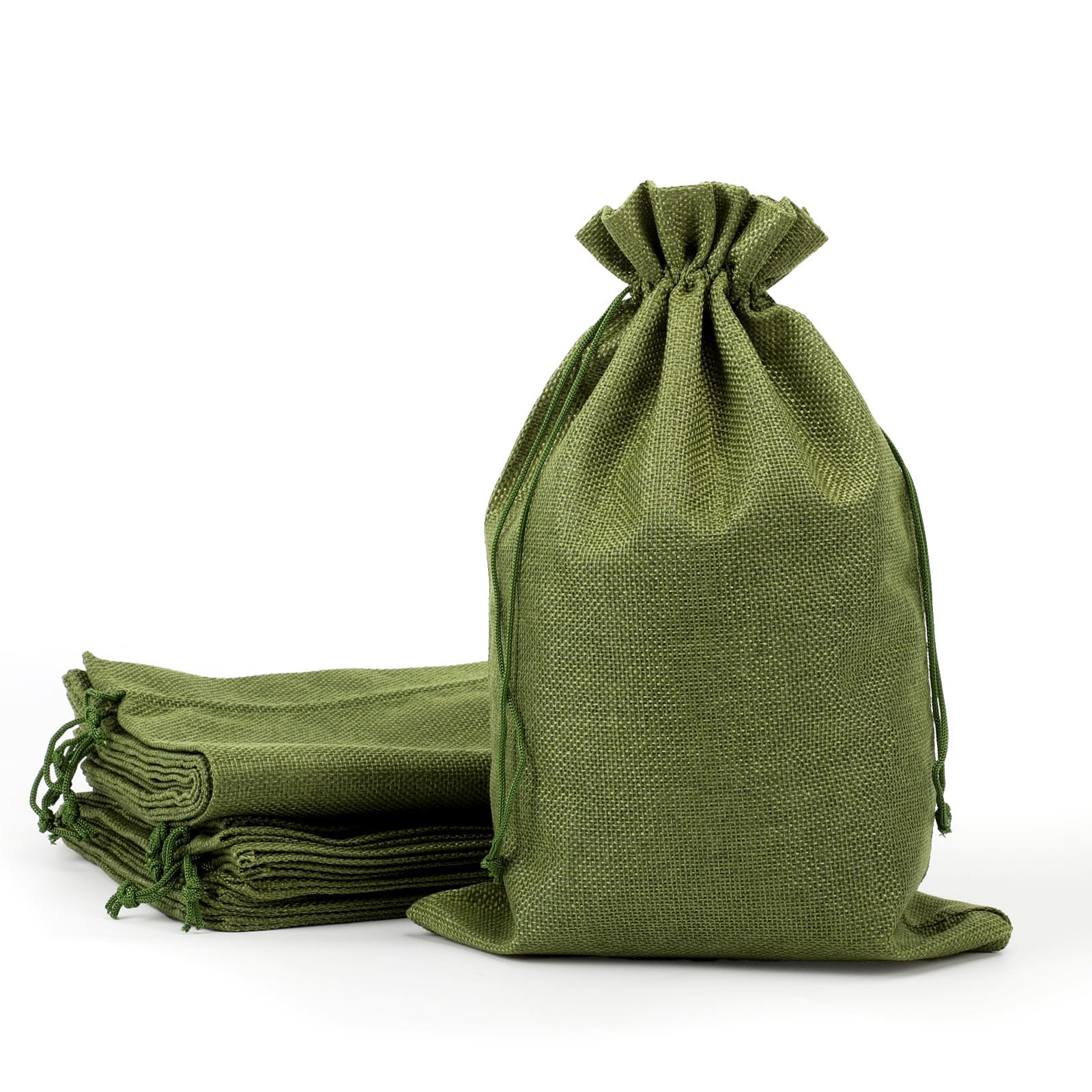 Tapleap Burlap Bags with Drawstring, 8x12 Burlap Favor Sacks (Lot of 10) for Wrapping Halloween Favors or Gifts, Birthday, Wedding, Party or Household Use(Green)