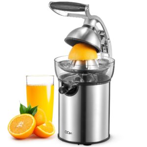 qcen electric citrus juicer squeezer, electric juicer for orange, lemon and limes with rubber handle and two size cones, anti-drip spout, easy to clean and use, bpa free, black/stainless steel