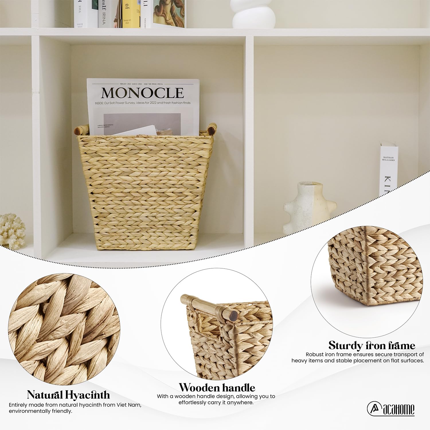 Wicker Waste Basket - Trash Basket with Wooden Built-in Handles - Wastebaskets for Bedroom, Bathroom, Kitchen, Living Room, Office - Handwoven Trash Cans for Under Sink, Garbage Can (Water Hyacinth)