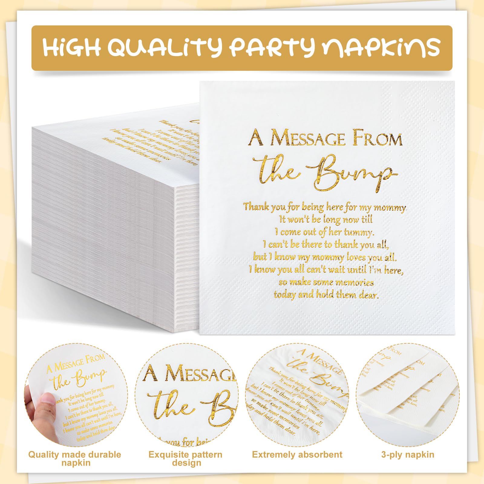 Colarr 100 Pcs Small Baby Shower Napkins 3 Ply Cocktail Napkins for Baby Shower 5 x 5 Inch A Message from the Bump Disposable Gender Reveal Napkins with Gold Foil for Baby Welcome Party(White)