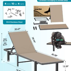 Aluminum Chaise Lounge Chair Outdoor with Wheels, Patio Lounge Chair with Adjustable 5-Position Recliner and Full Flat Tanning Chair for Patio, Beach, Pool, Khaki