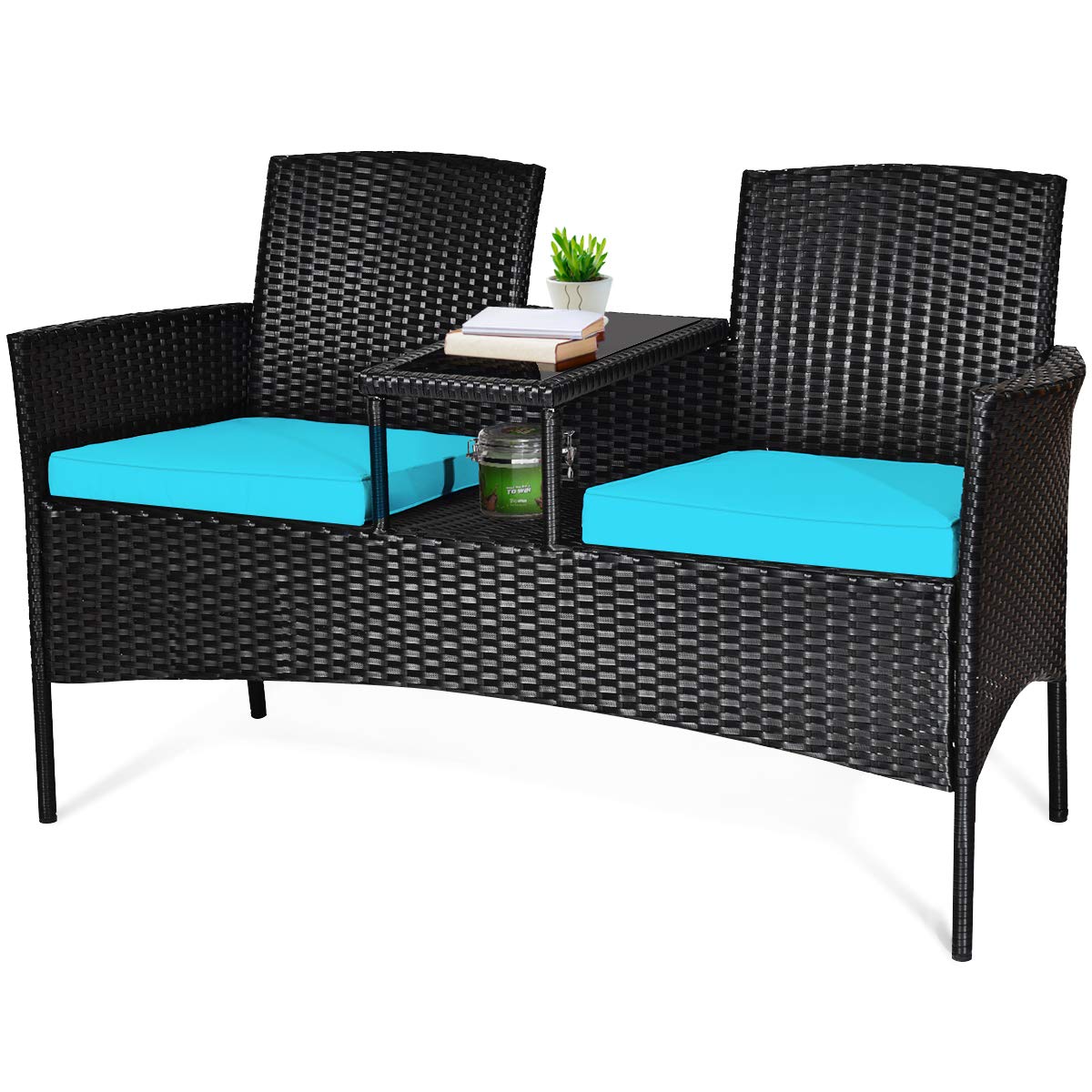 COSTWAY 2-Seat Patio Conversation Sets, Outdoor Patio Loveseat Set with Removable Cushions & Built-in Coffee Table for Backyard, Garden, Lawn, Balcony, Black+Turquoise