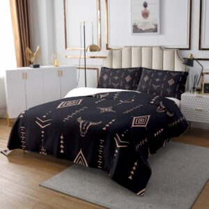 Bull Skull Quilt Set King Boho Bedspread Set Ethnic Horns Bohemian Coverlet Set Brown Tribal Symbol Mysterious Aztec Bedroom Decor Abstract Geometric Bed Set for Men Boys