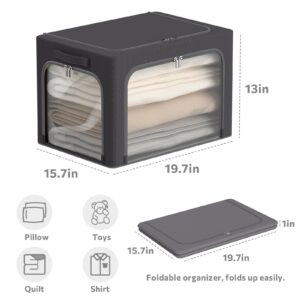 3Pack Clothes Storage Bins - Oxford Frame Storage Box Foldable Stackable Storage Organizer with 3 Openings Design, Metal Frame, Clear Window, Carry Handles (66L-19.7 * 15.7 * 13, Dark Gray)