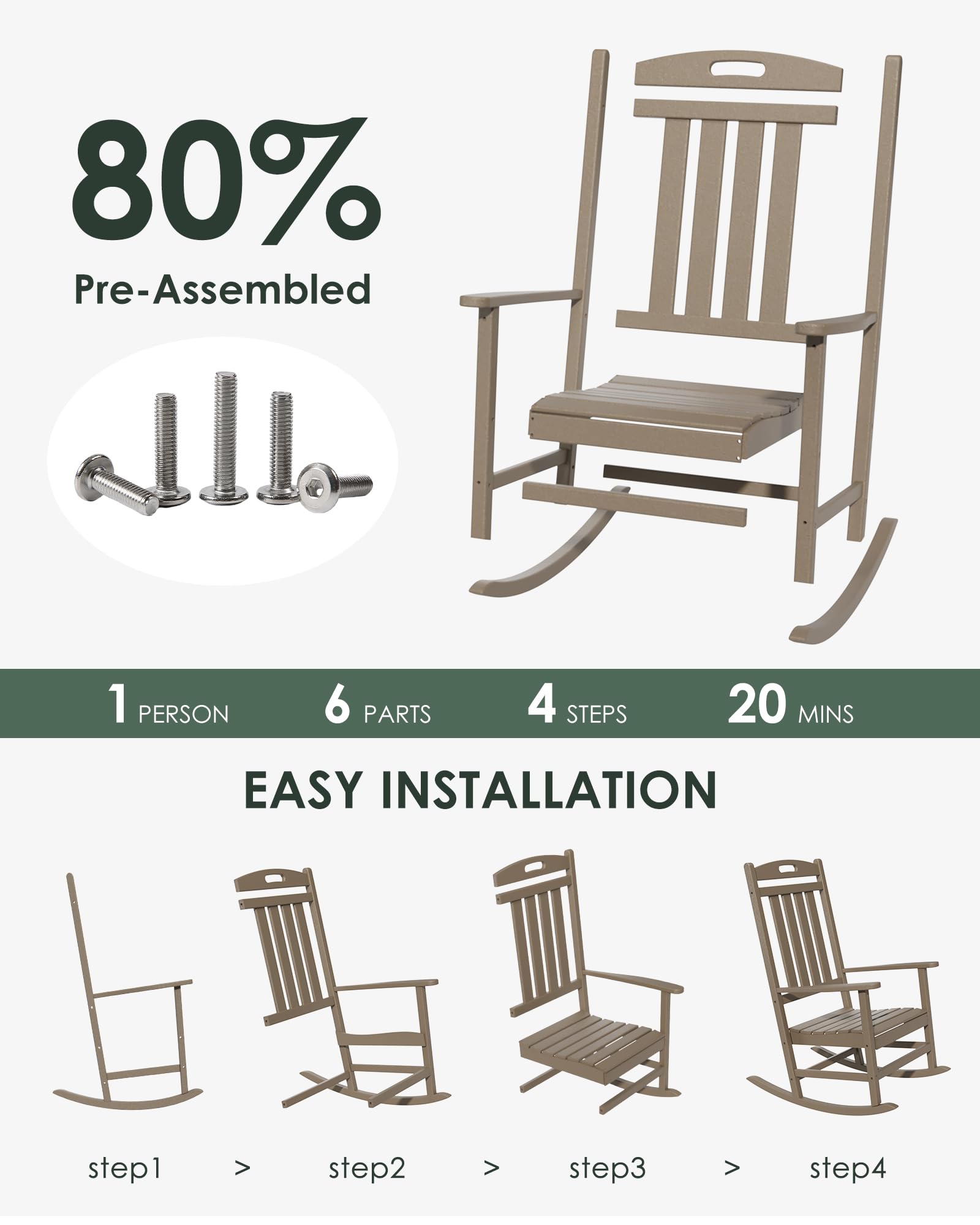 Adiromoti Outdoor Rocking Chair Set of 2, All-Weather Resistant Poly Lumber Rocker Chair Outdoor, High Back Plastic Patio Rocking Chairs for Outside Porch Rocker Garden Lawn, Weather Wood