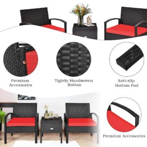 COSTWAY Rattan Patio Furniture Set 3 Pieces, Wicker Conversation Set with Tempered Glass Coffee Table, Seat Cushions, Outdoor Chair Wicker Sofa for Backyard Balcony Porch Poolside, Red