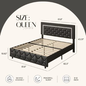 HOMBCK Queen Bed Frame, Upholstered Bed Frame Queen Size with Diamond Tufted Headboard, Faux Leather Headboard & Footboard, Wooden Slats Support, No Box Spring Needed, Easy Assembly, Black