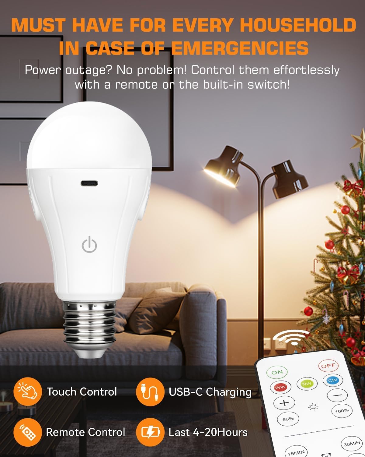 BoRccdit Battery Operated Light Bulb with Remote Control 1800K