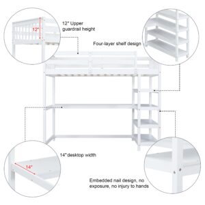 Merax Wood Loft Bed with Desk : Twin Size Loft Bed with 4-Storage Shelves and Under-Bed Desk Solid Wood Bed, White