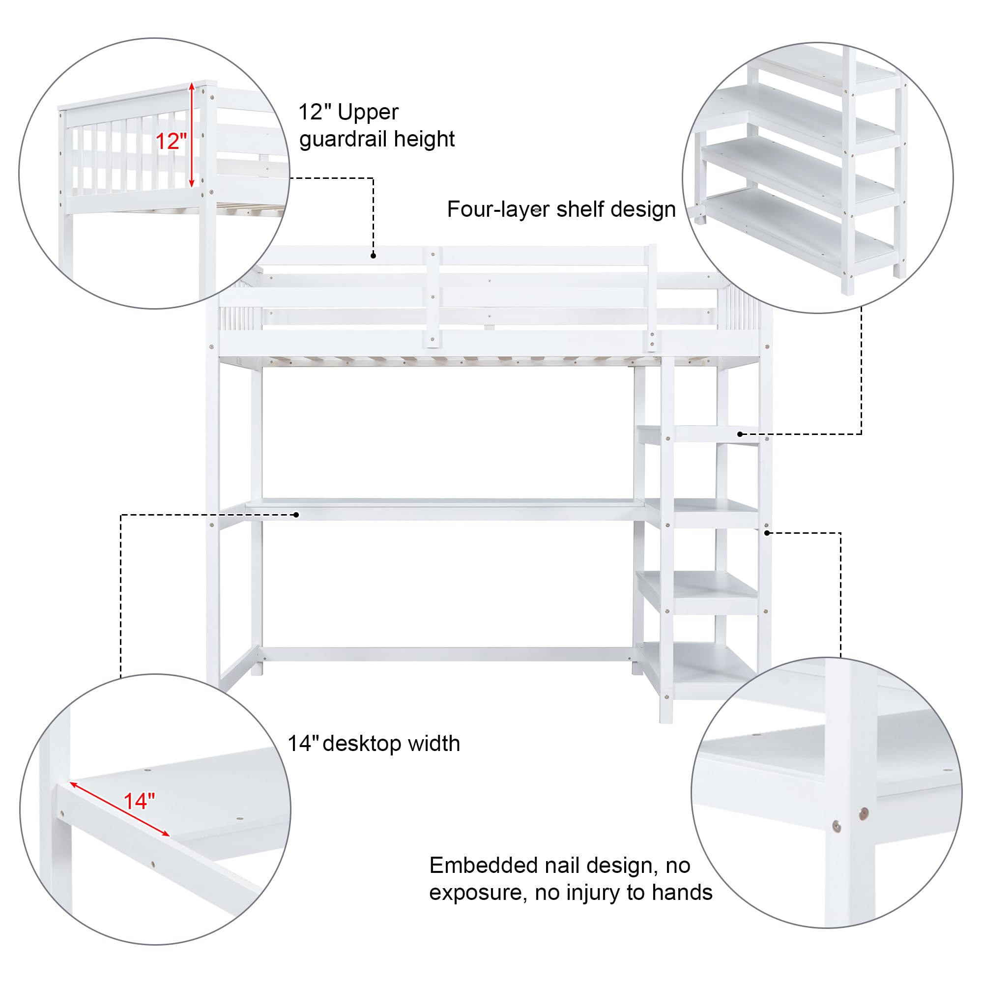 Merax Wood Loft Bed with Desk : Twin Size Loft Bed with 4-Storage Shelves and Under-Bed Desk Solid Wood Bed, White