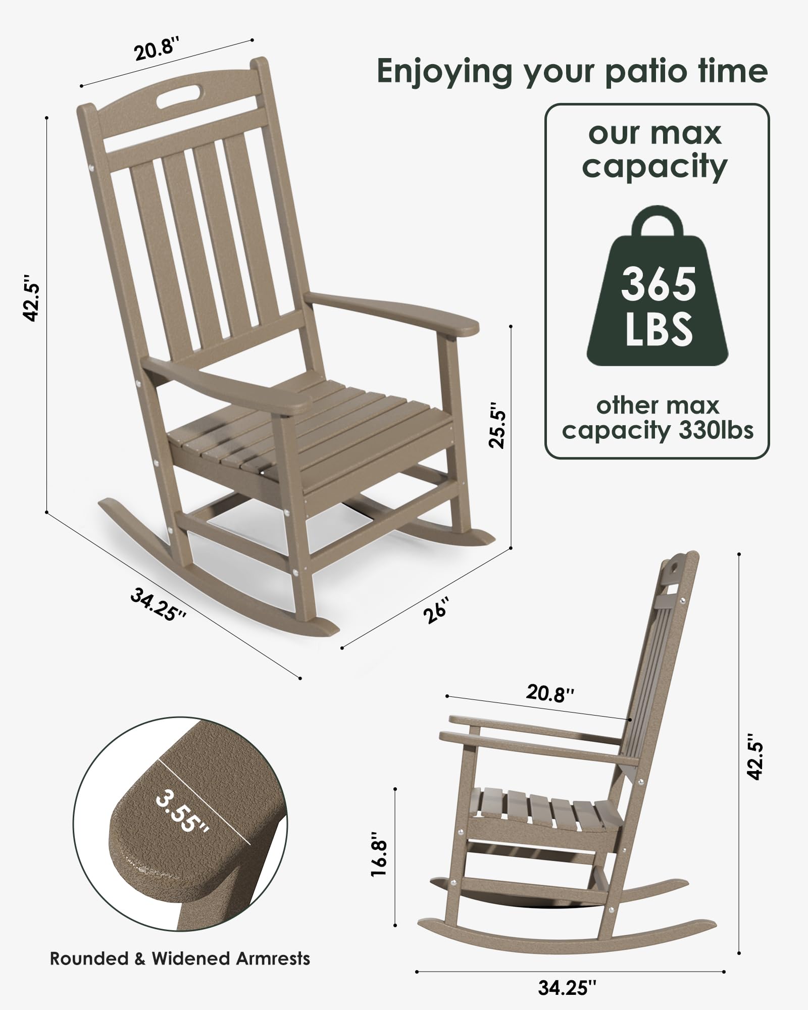 Adiromoti Outdoor Rocking Chair Set of 2, All-Weather Resistant Poly Lumber Rocker Chair Outdoor, High Back Plastic Patio Rocking Chairs for Outside Porch Rocker Garden Lawn, Weather Wood