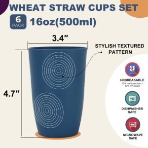 Wrova Wheat Straw Cups 16oz set of 6 with Etched Pattern - Alternative Plastic Cups Dishwasher Safe - Plastic Drinking Cups Unbreakable for Kids - Colorful Series