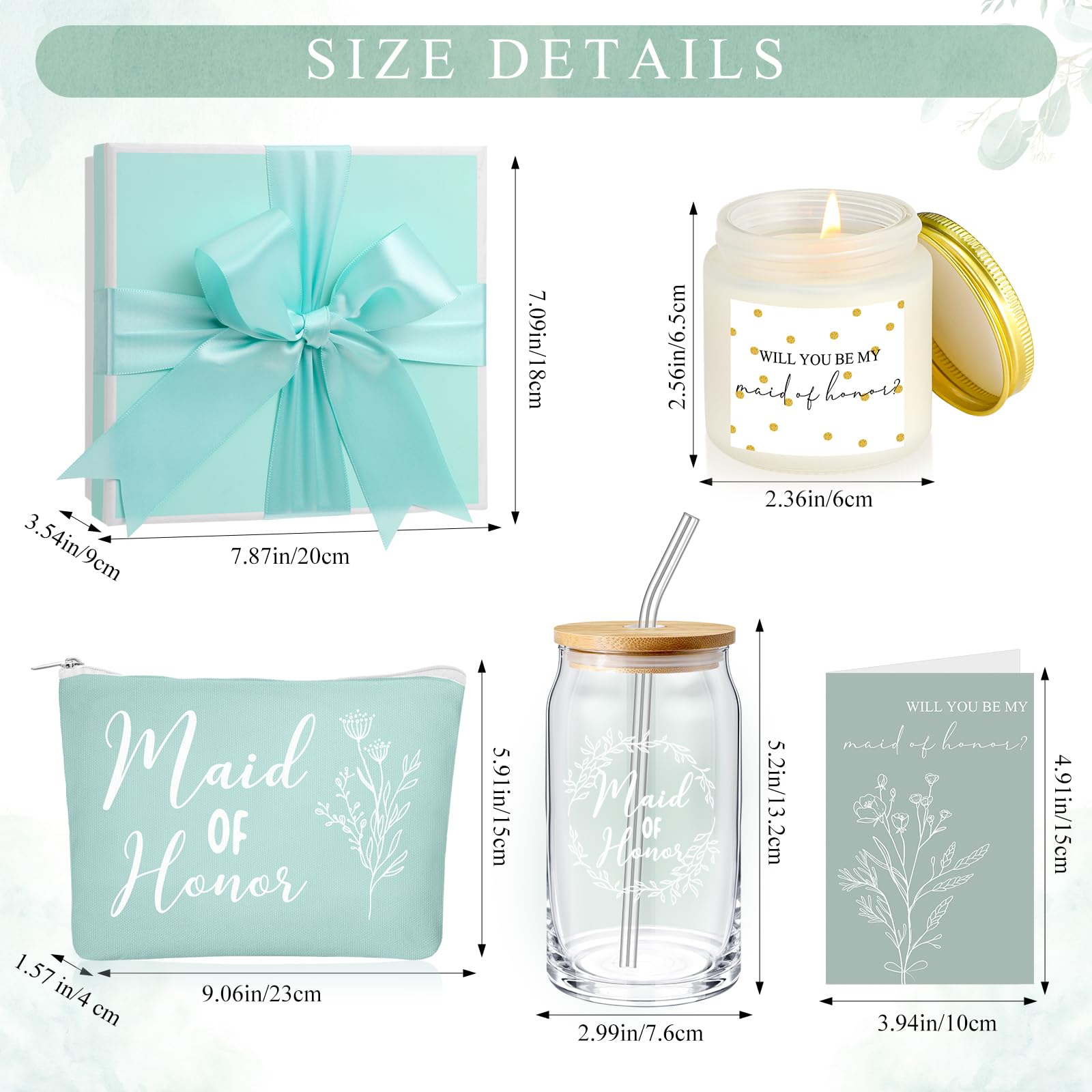 Inbagi Maid of Honor Gifts Box Set of 5 Includes Glass Cup with Lid and Straw Makeup Bag Sage Scented Candle Wedding Invitation Cards Proposal Gifts for Bridal Party Favors (Sage)