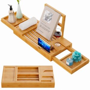 Yirilan Bamboo Bathtub Tray, Expandable Bathroom Tray, Waterproof Tray Caddy, Perfect Bath Caddy for Home Spa, Gift for Loved Ones, Bamboo