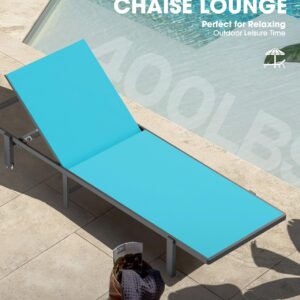 Aluminum Chaise Lounge Chair Outdoor with Wheels, Patio Lounge Chair with Adjustable 5-Position Recliner and Full Flat Tanning Chair for Patio, Beach, Pool, Lake Blue