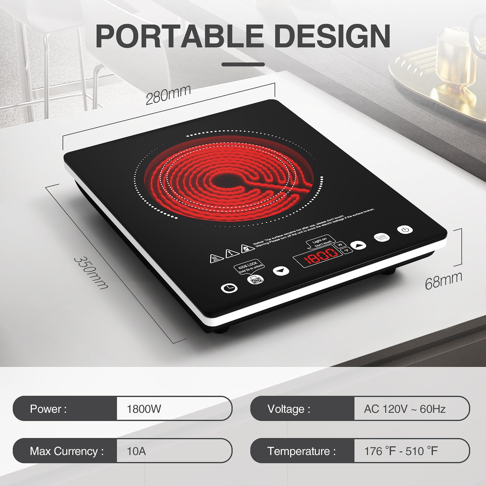 Electric Cooktop 12 Inch,Single Burner Plug in Portable 110V Electric Cooktop, Countertop Ceramic Stove Top with Power Levels and Overheat Protection