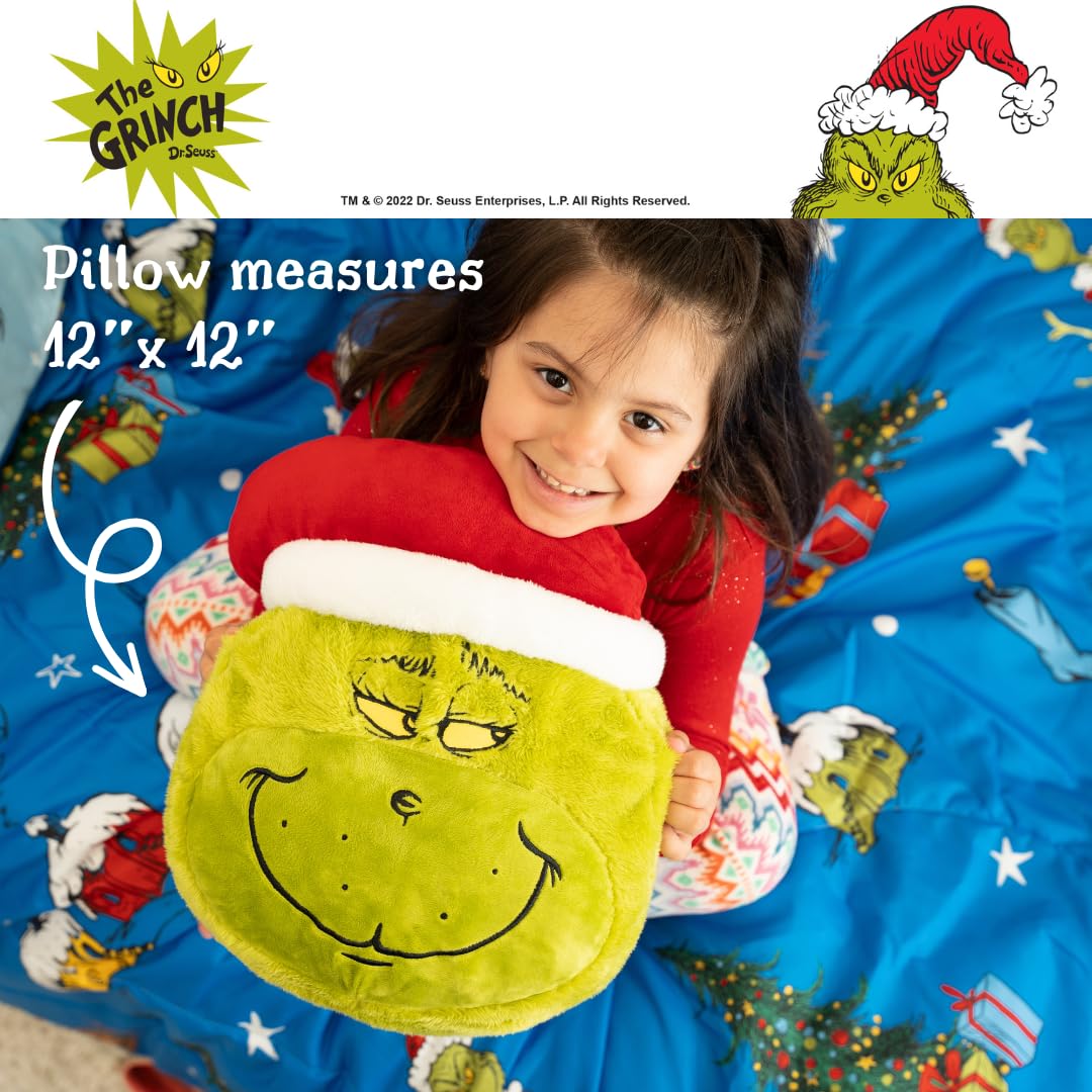 Franco Collectibles Grinch by Dr. Seuss Holiday & Christmas Super Soft Furry Plush Round Decorative Pillow, 12" X 12", (Official Licensed Product)