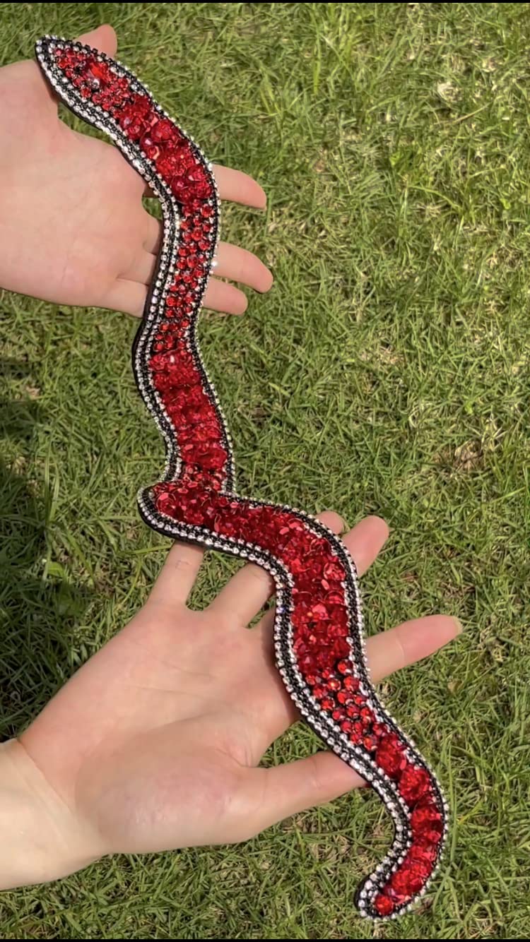 18" Large Sparkle Rhinestones and Sequin Red Snake Shaped Patches Applique Trim Ribbon for Outfit Pack of 3