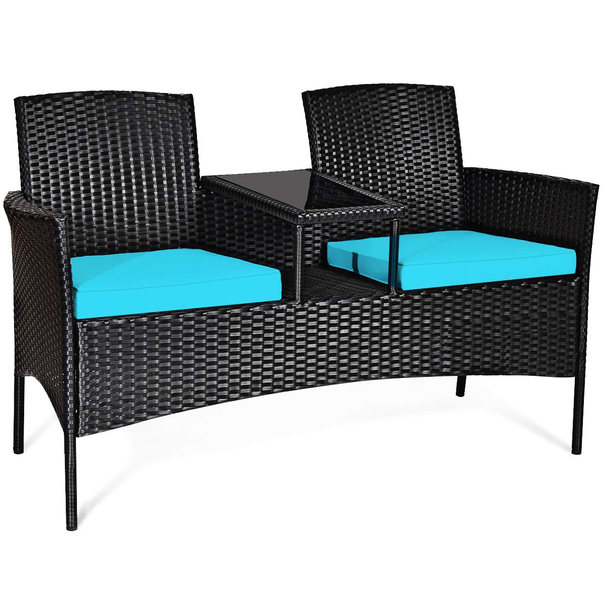 COSTWAY 2-Seat Patio Conversation Sets, Outdoor Patio Loveseat Set with Removable Cushions & Built-in Coffee Table for Backyard, Garden, Lawn, Balcony, Black+Turquoise