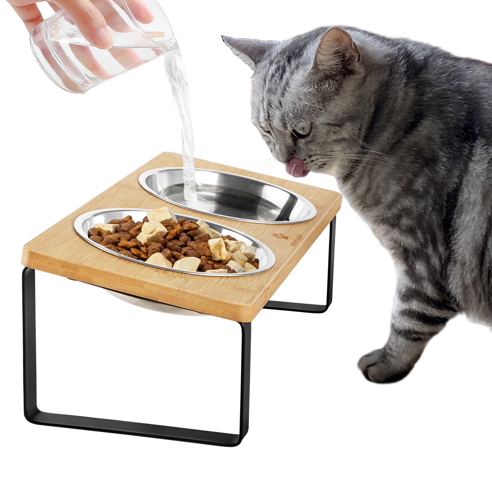 Sunhoo Cat Food Bowl Raised Cats Bowls Elevated Tilted Puppy Dish 5.7 inch Anti-Vomiting Pet Bowl Stand Lifted Double Stainless Steel Dishes Whisker Relief Kitty Feeder with 15°Angled