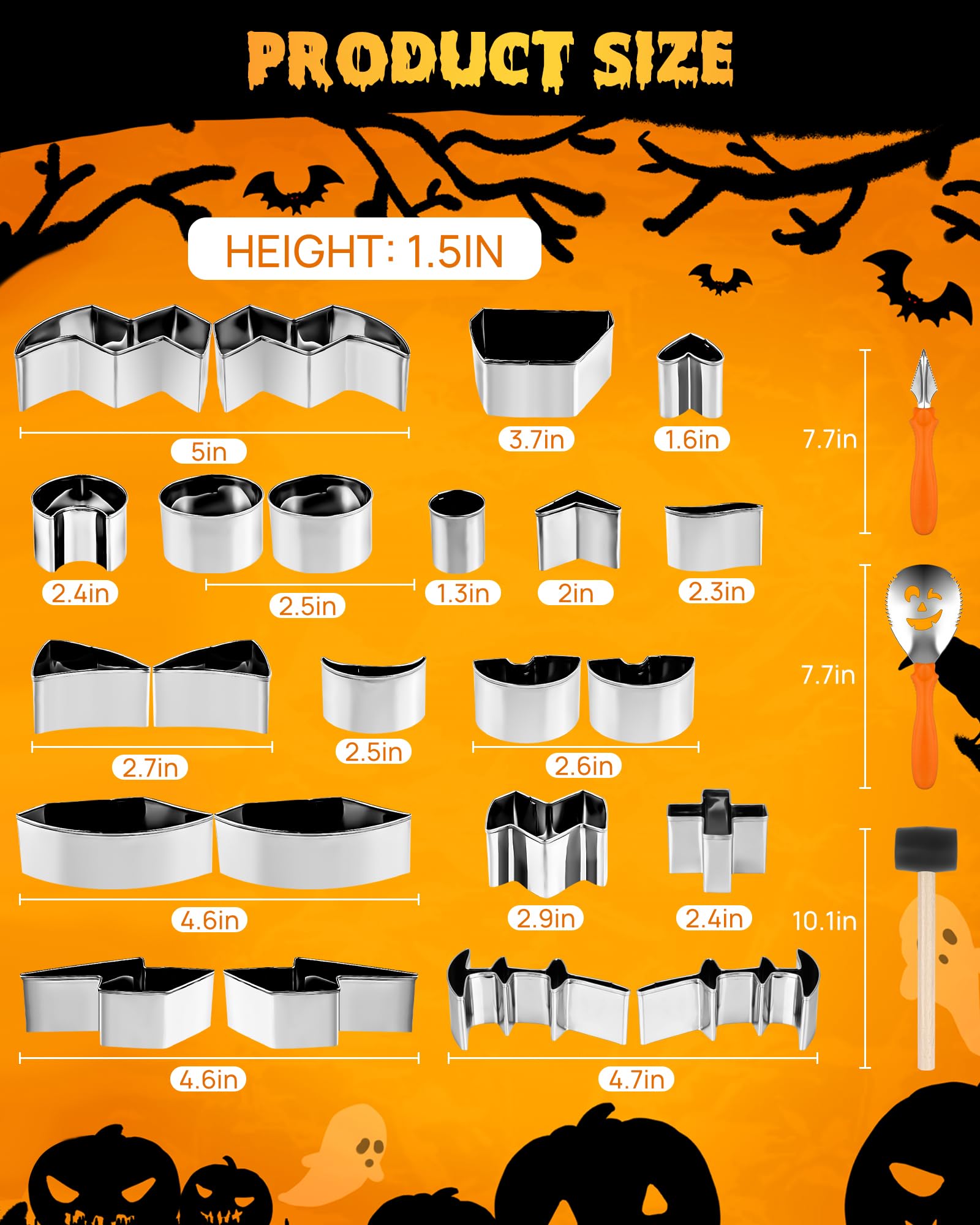 JUSTOTRY Halloween Pumpkin Carving Set 26Pcs Pumpkin Face Shape Cookie Cutters Tool Easy & Safe Adults Kids DIY, Stainless Steel 23 Molds with 3 Tools for Decoration Decorating Stencils Metal