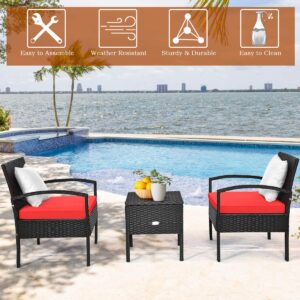 COSTWAY Rattan Patio Furniture Set 3 Pieces, Wicker Conversation Set with Tempered Glass Coffee Table, Seat Cushions, Outdoor Chair Wicker Sofa for Backyard Balcony Porch Poolside, Red