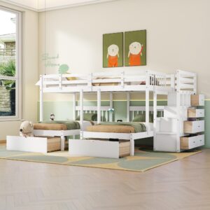 harper & bright designs triple bunk beds with drawers, wood full over twin & twin bunk bed with storage staircase, triple bed for kids,3 bed bunk beds with storage for girls boys,white