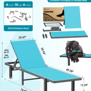 Aluminum Chaise Lounge Chair Outdoor with Wheels, Patio Lounge Chair with Adjustable 5-Position Recliner and Full Flat Tanning Chair for Patio, Beach, Pool, Lake Blue