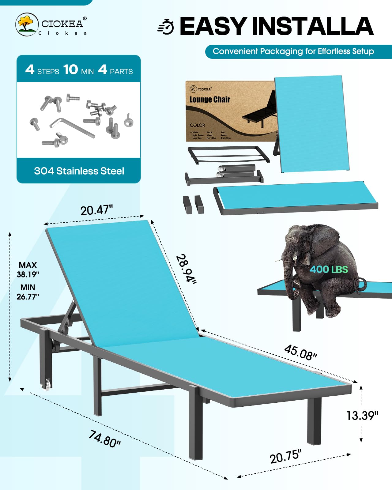 Aluminum Chaise Lounge Chair Outdoor with Wheels, Patio Lounge Chair with Adjustable 5-Position Recliner and Full Flat Tanning Chair for Patio, Beach, Pool, Lake Blue