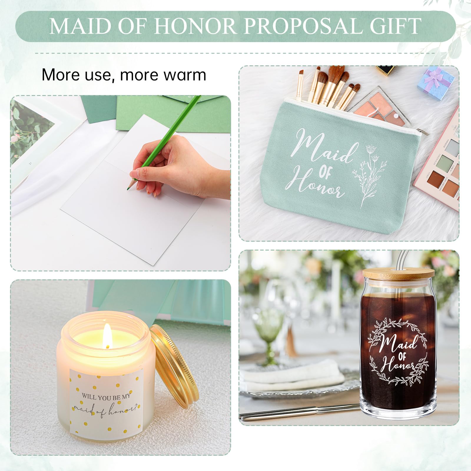 Inbagi Maid of Honor Gifts Box Set of 5 Includes Glass Cup with Lid and Straw Makeup Bag Sage Scented Candle Wedding Invitation Cards Proposal Gifts for Bridal Party Favors (Sage)