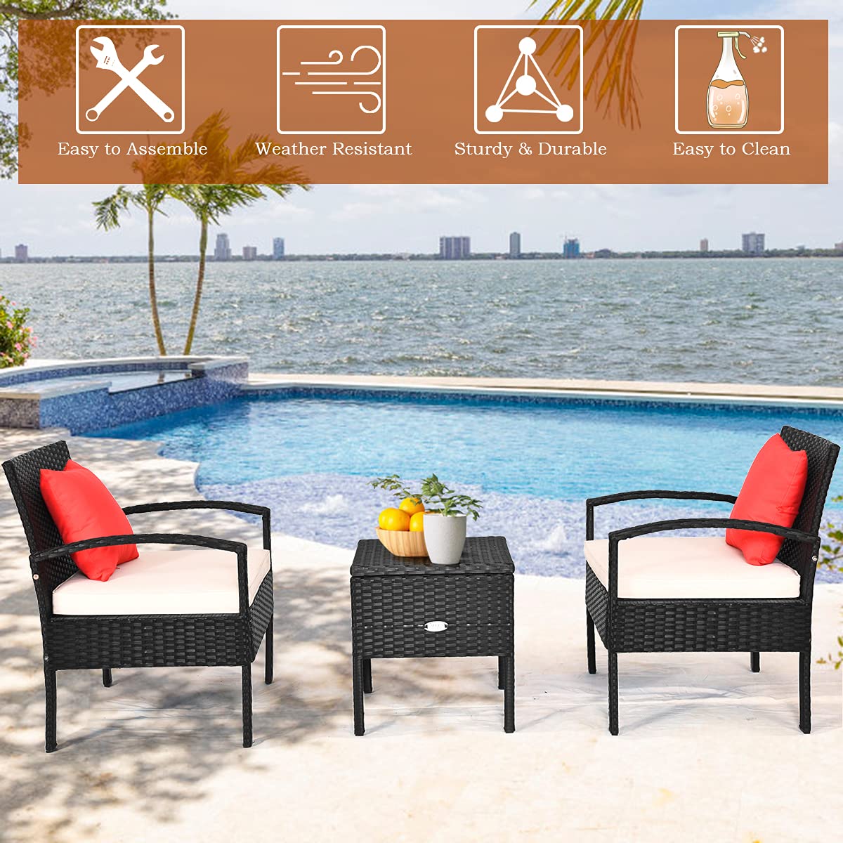 COSTWAY Rattan Patio Furniture Set 3 Pieces, Wicker Conversation Set with Tempered Glass Coffee Table, Seat Cushions, Outdoor Chair Wicker Sofa for Backyard Balcony Porch Poolside, White