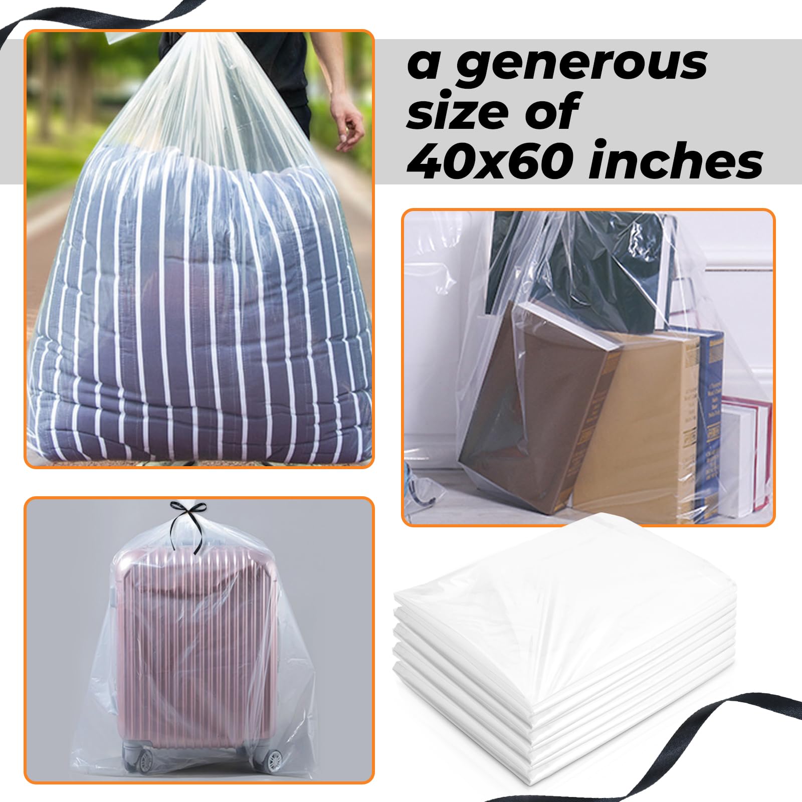 GothaBach 6 Pack 40x60 Inches Giant Jumbo Huge Storage Bags Plastic Moving Bags Flat Large Plastic Bags for Clothes Packing Luggage Suitcase Comforter Chair Moistureproof