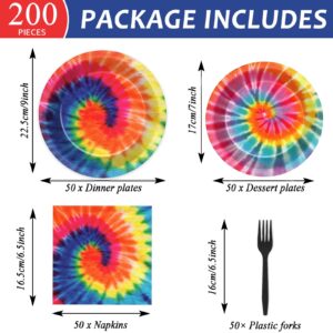 50 Guests Tie Dye Plates and Napkins Party Supplies Tie Dye Party Decorations Disposable Tableware Set Tie Dye Birthday Dinnerware Favor for Kids Girls Baby Shower Birthday Party Graduation, 200PCS