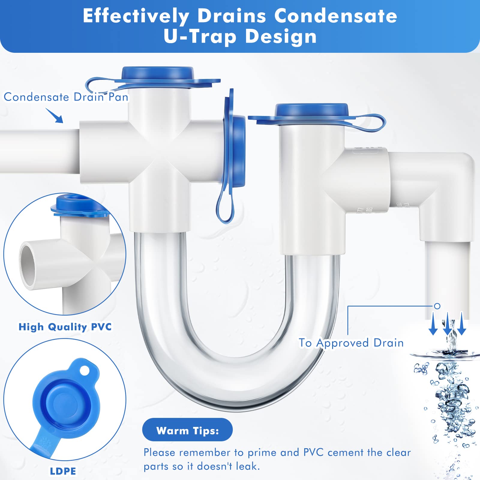 Gulfmew 3/4 Inch Standard Condensate Trap with Cleaning Brush, PVC U Trap for HVAC Systems, Air Conditioner, Effectively Drains Condensate(4 Pack)