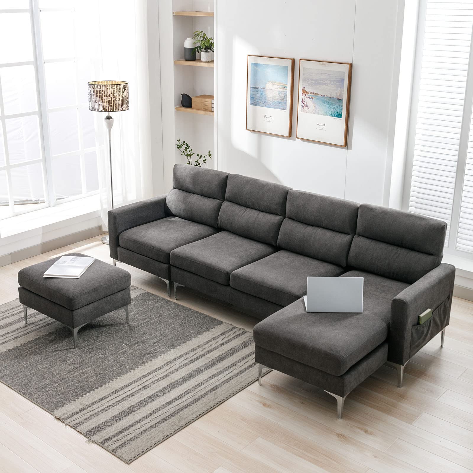 Houjud 110" Convertible Sectional Sofa Couch, Modern Linen Fabric L-Shaped Couch 4-Seat Sofa Couch w/Reversible Chaise and Side Pockets for Living Room, Apartmentt (Grey)