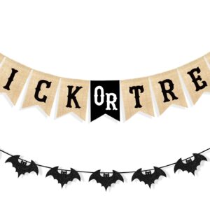 Uniwish Trick or Treat Burlap Banner Halloween Decorations for Mantel Fireplace Glitter Bat Garland Bunting Home Wall Decor Halloween Party Supplies