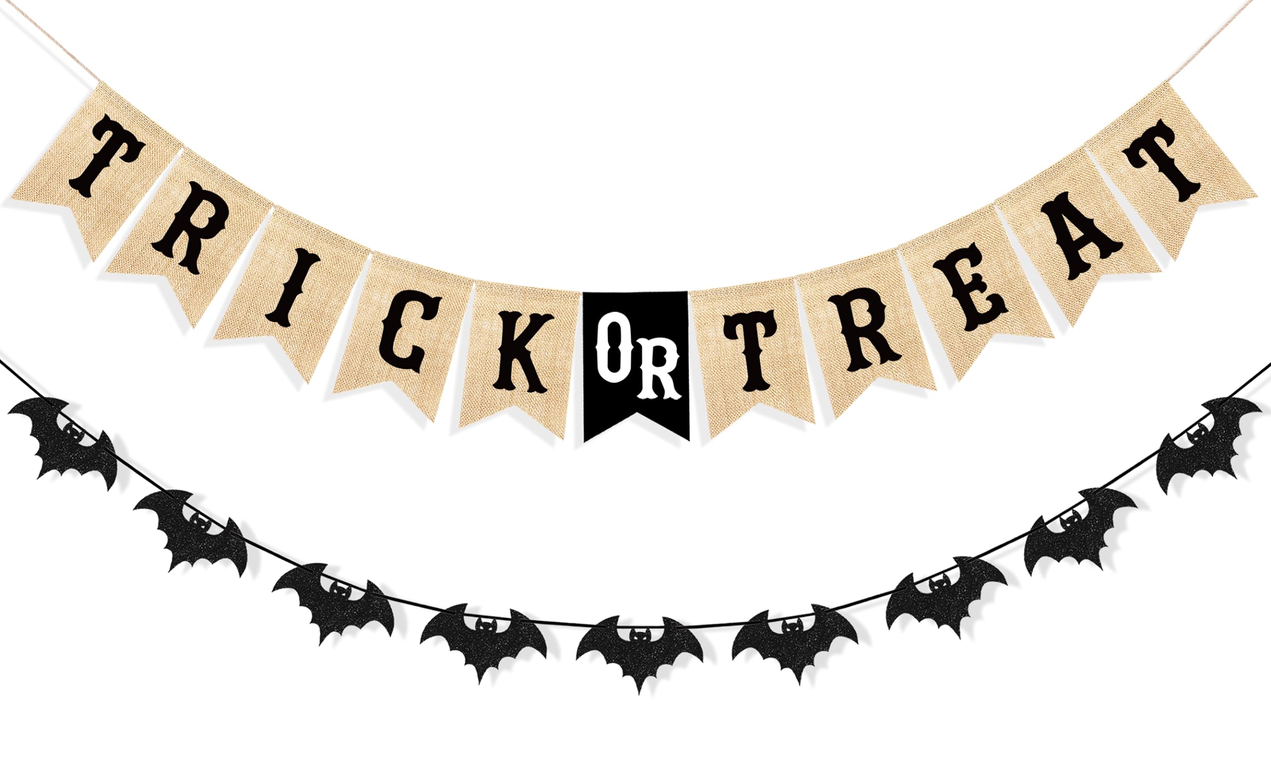 Uniwish Trick or Treat Burlap Banner Halloween Decorations for Mantel Fireplace Glitter Bat Garland Bunting Home Wall Decor Halloween Party Supplies