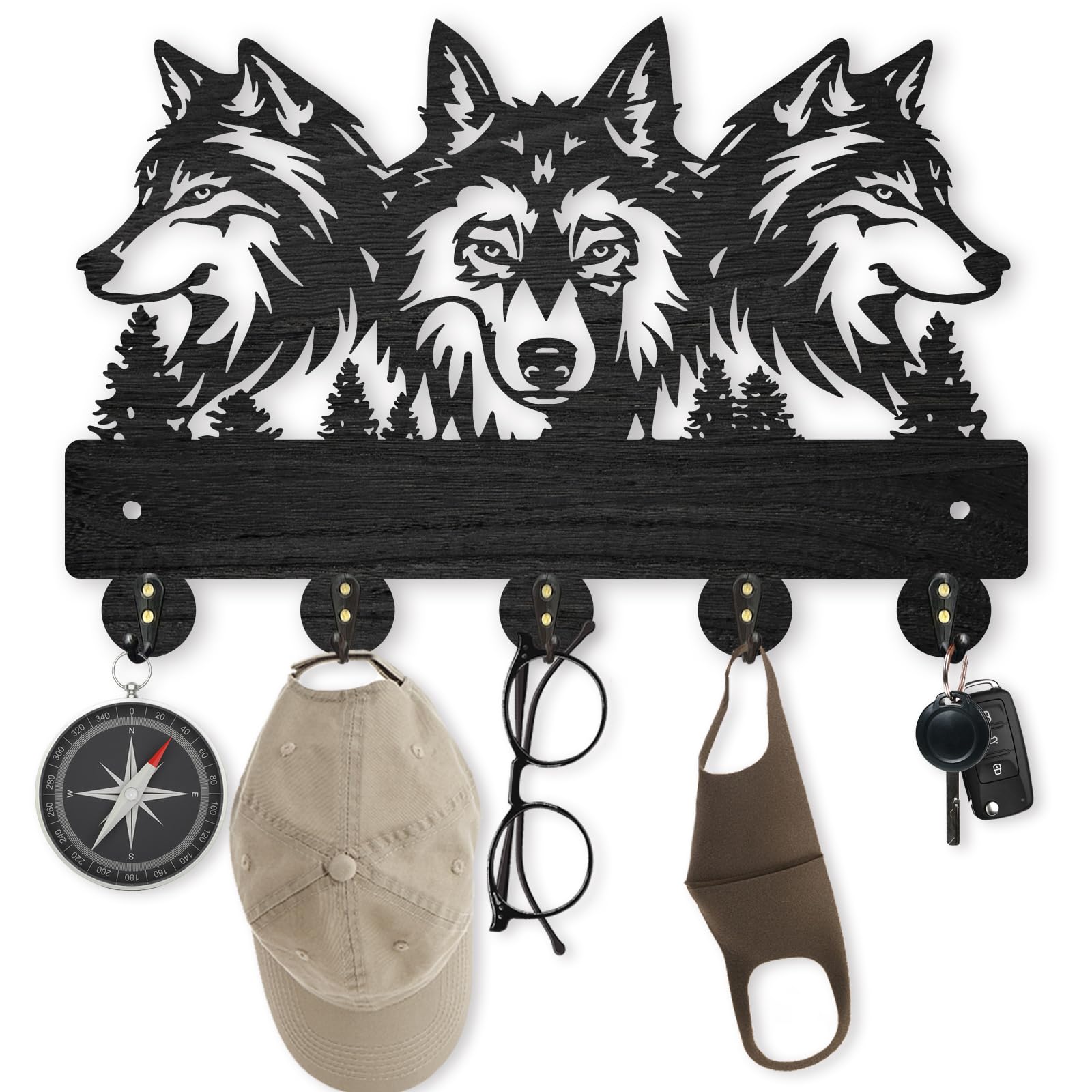 MAYJOYDIY Wood Wolf Wall Mount Coat Rack 11.8×8inch Wolf Forest Key Holder for Wall Coat Rack Wolf Key Hook 5 Alloy Hooks Animal Theme Wall Art Hook Gift for Hallway Office Living Room