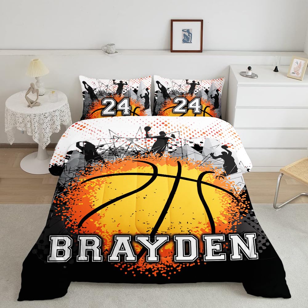 ZBIGTEE Basketball Comforter Set for Boys Kids Teens, Fire Pattern Basketball Boy Bedding Full Size Kids Comforter Set Orange Basketbal Ball Quilt Queen with with 1 Comforter and 2 Pillowcases