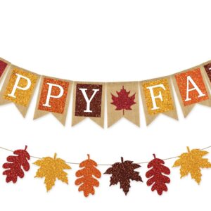 AnyDesign 2Pcs Fall Banner Glitter Maple Leaf Paper Banner Happy Fall Burlap Banner Pre-Assembled Rustic Bunting Garland Hanging Decorations for Autumn Thanksgiving Party Decoration Supplies