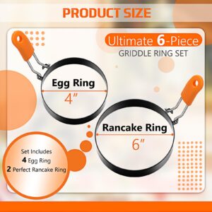 6 Pcs Professional Egg Ring Pancake Ring Set Stainless Steel Fried Egg Ring Griddle Pancake Shapers with Orange Silicone Handle for Breakfast Omelette Sandwich (4, 6 Inch)