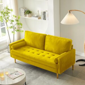 peihonget 67" mid century modern loveseat sofa, 2-seater velvet tufted love seat couch with bolster pillows, golden frosted legs for small space, living room, apartment, bedroom (yellow)