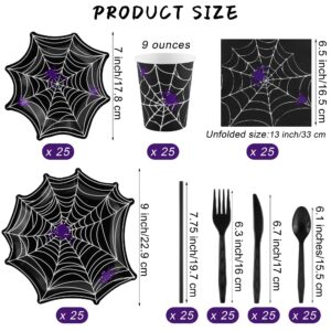 durony 201 Pieces Halloween Spider Web Party Supplies Tableware Set Including Halloween Spiderweb Disposable Paper Plates Cups Napkins Knives Forks Spoons Straws Tablecloth Serves for 25